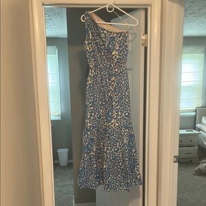 English Factory Blue and Cream One Shoulder Dress